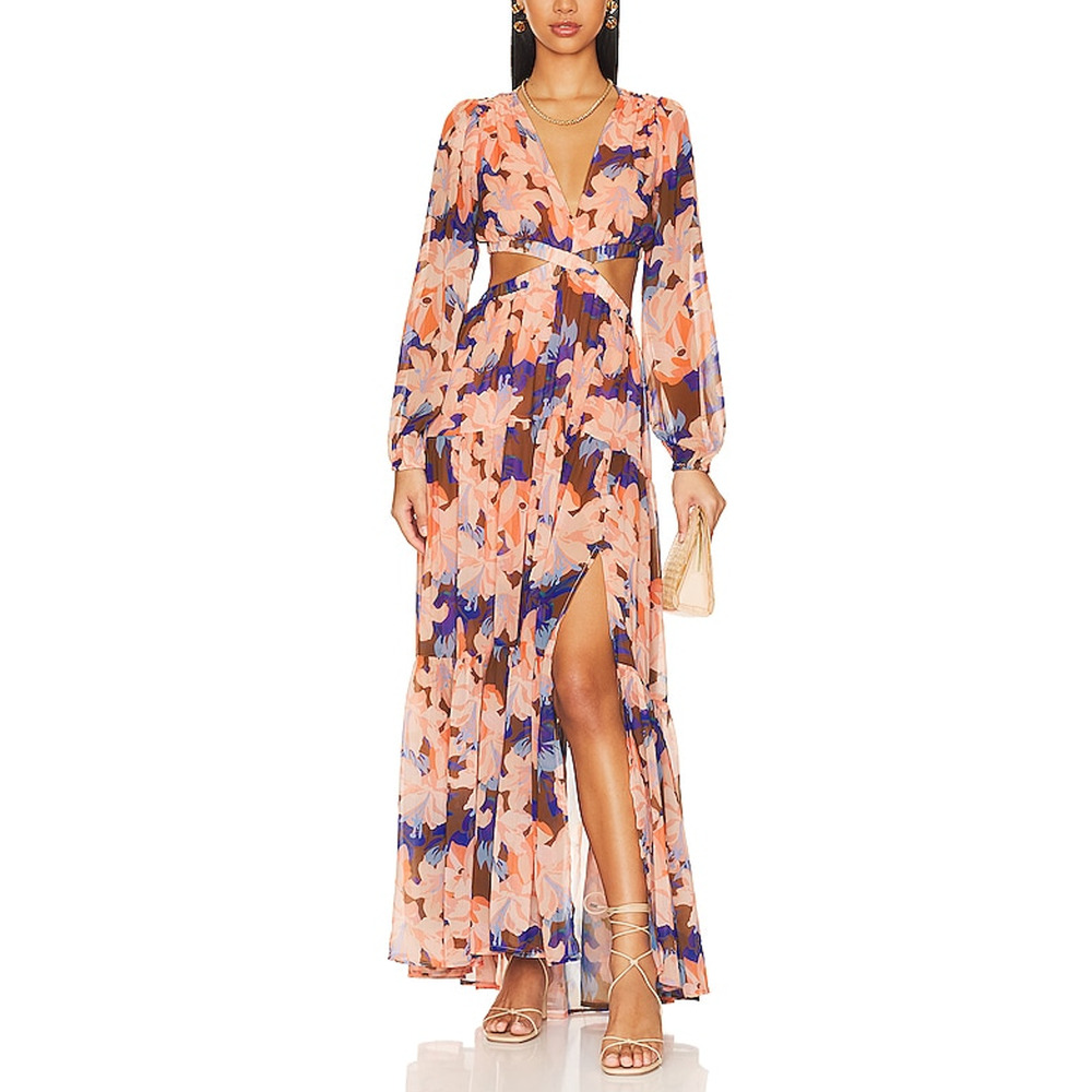 Astr Floral Cutout Maxi Dress in Peach and Blue